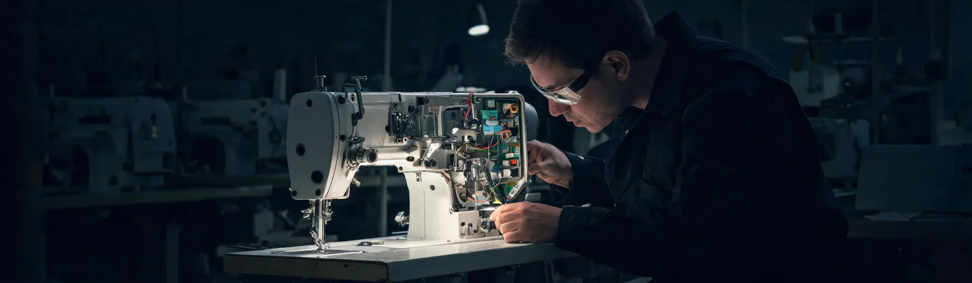 JUKI service technician setting up industrial sewing machine